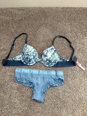 PINK Blue Patterned Push-Up Bra & Lace Hipster Set